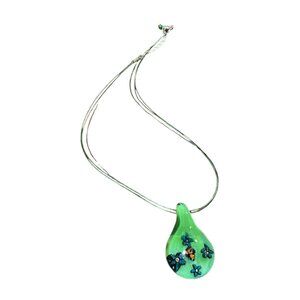 Green Teardrop Art Glass Pendant Necklace Floral Butterfly Design 18" Chain